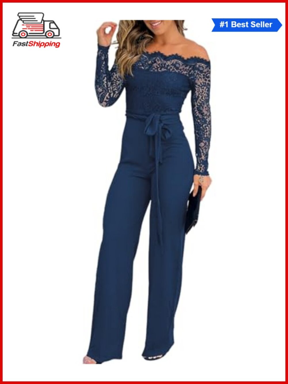 ✨Off Shoulder Floral Embroidery Lace Long Sleeve Jumpsuit with Belt